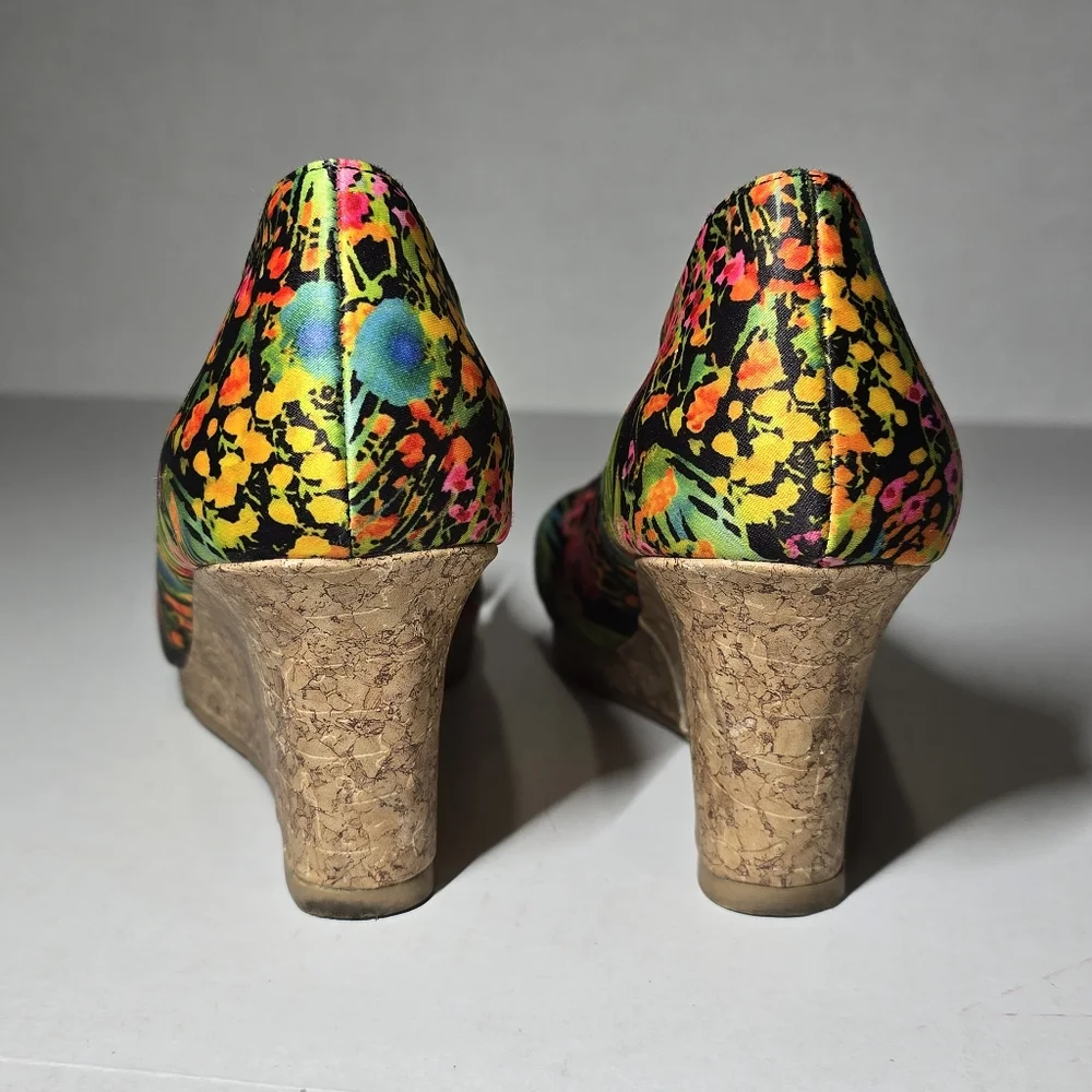 7.5 Dexflex Comfort Floral Wedge Peep-Toe Women's Shoes In Excellent Condition - Picture 6 of 9